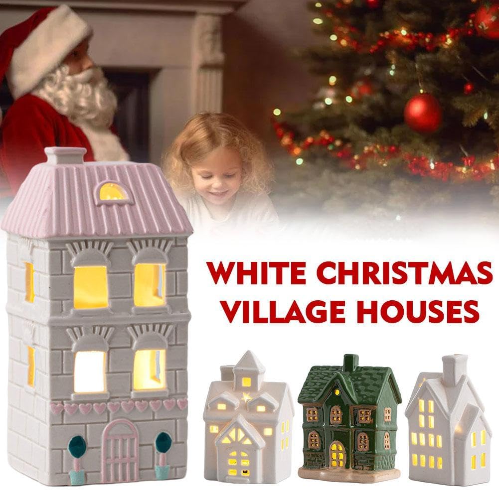Skiennix Light Up Christmas Village House - White Ceramic Tabletop Decor for Winter Centerpiece (Green)
