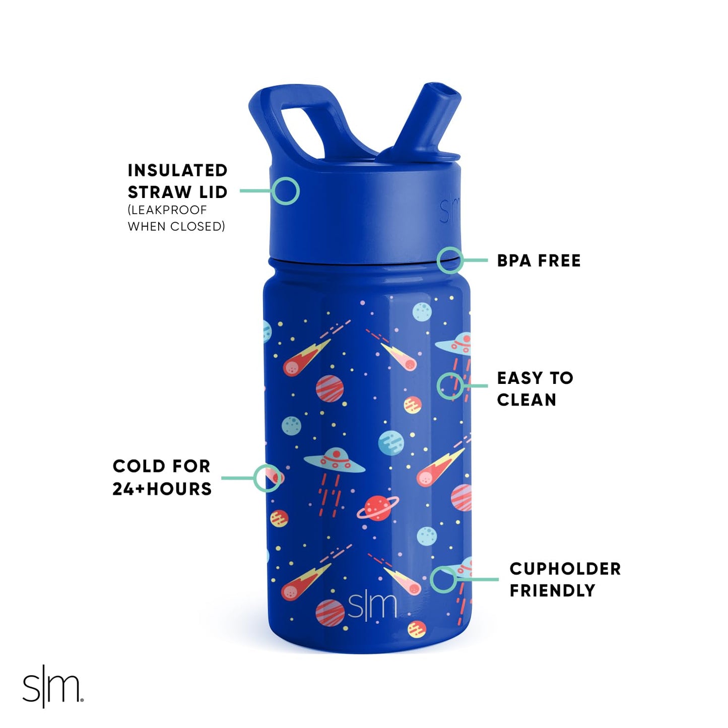 Simple Modern Kids Water Bottle with Straw Lid | Insulated Stainless Steel Reusable Tumbler for Toddlers, Boys | Summit Collection | 14oz, Galactic Games
