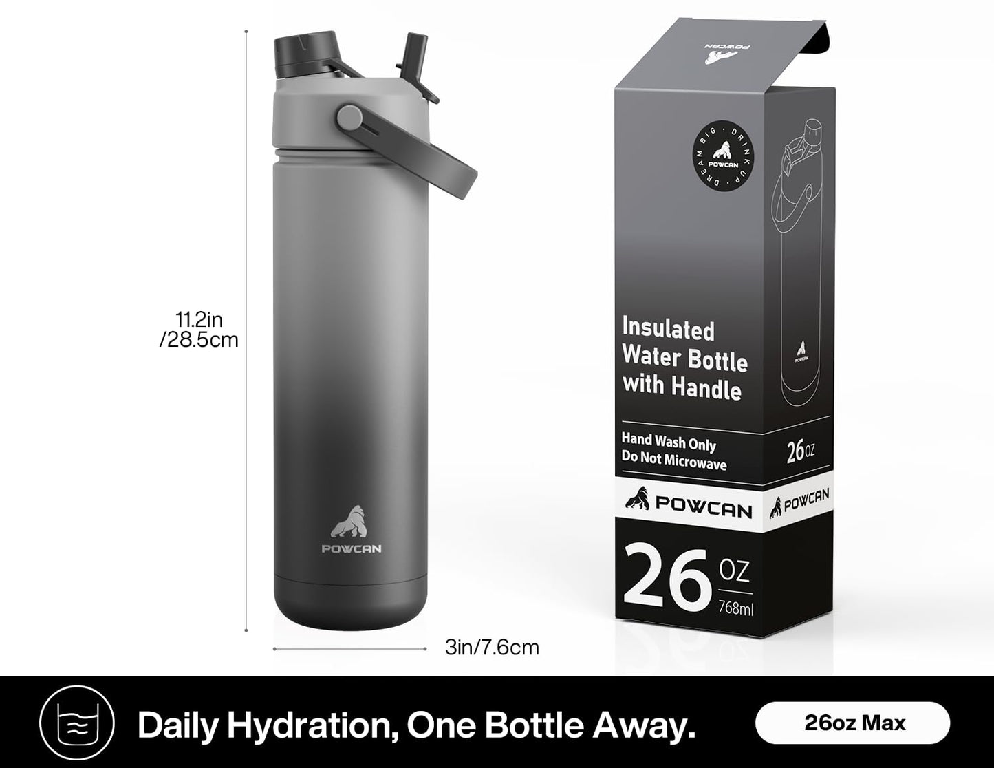 POWCAN 26 oz Insulated Water Bottle with 2-in-1 Straw and Spout Lid, Keep Cold 24H, Leak-Proof, Fits in Car Cup Holder, Stainless Steel Water Bottle for Sports, Travel, Gym, and School (Obsidian)