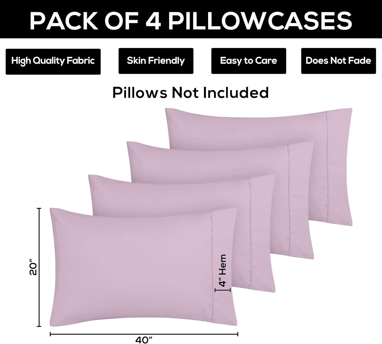 Utopia Bedding King Pillow Cases - Soft Brushed Microfiber - 4 Pack, Fade Resistant | Lavender 20 x 40 Inches