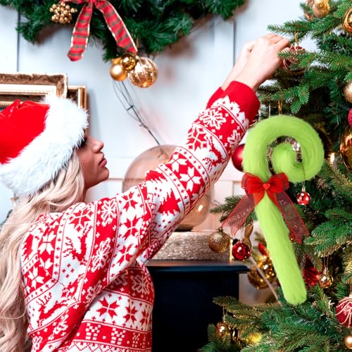 Janinka Christmas Candy Cane Wreath with Red Bow & Green Plush Decor