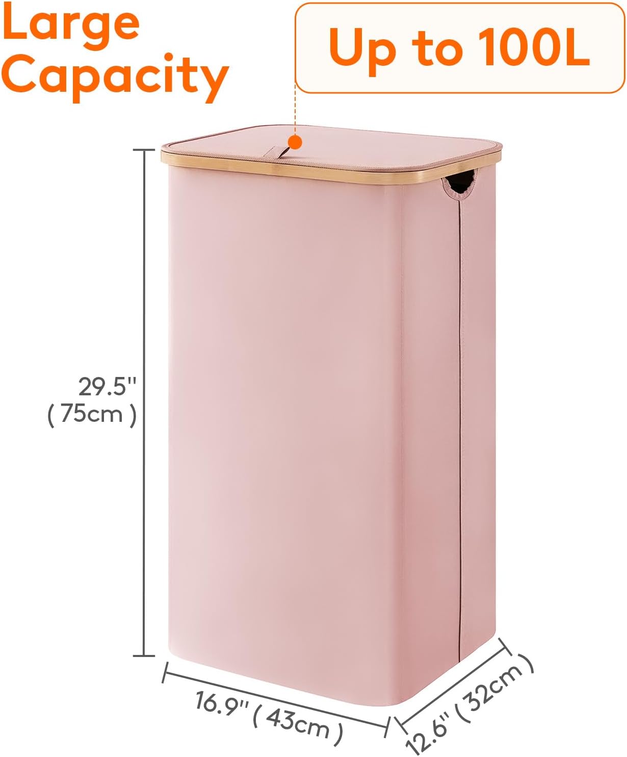 Lifewit 100L Laundry Basket - Foldable Hamper with Lid & Bamboo Handles | Pink, Large Capacity