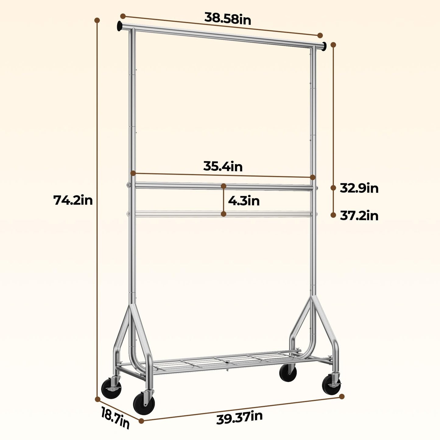 HYSEYY Heavy Duty Clothes Rack, Double Rod Clothing Rack for Hanging Clothes, Rolling Garment Rack, Adjustable Freestanding Wardrobe Closet Coat Rack for Bedroom Laundry Living Room, Silver