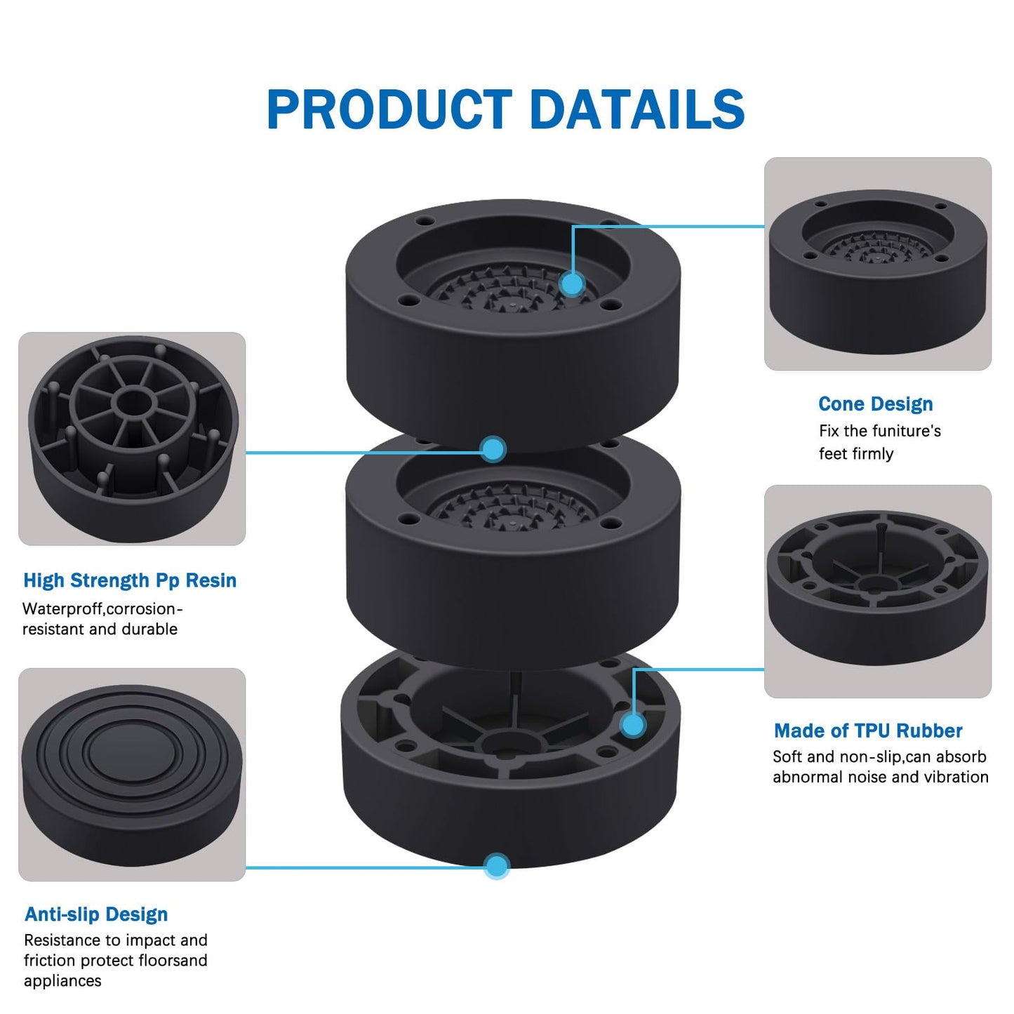 ANNKUT Furniture Risers 2 inch，Round Bed Risers Heavy Duty，Elevation in Heights 1 or 2 Inch for Chair Table and Desk Legs Lifting，Adjustable Bed Lifts Risers(Pack of 4 Riser,Black)