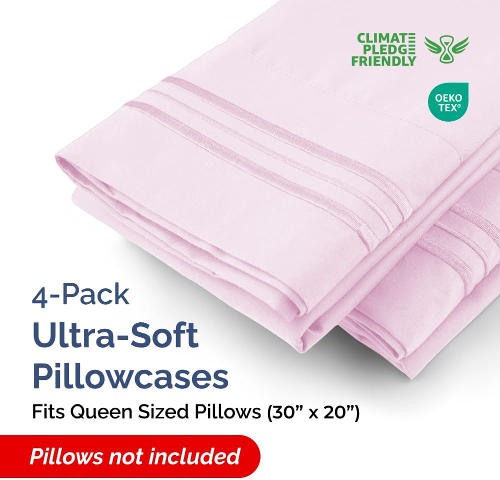 Queen Pillow Cases by [Brand Name] - Ultra Soft Hotel Quality Covers | Wrinkle-Free & Fade Resistant - Light Pink - Set of 4
