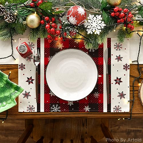 Artoid Mode Set of 12 Red Buffalo Plaid Snowflake Placemats 12x18 Inch Christmas Table Decor