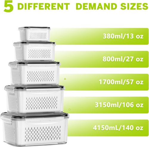 HOMETALL 5-Pack Fruit Storage Containers - Leakproof Fridge Organizers with Removable Colanders | Ideal for Berries, Vegetables, and Salads