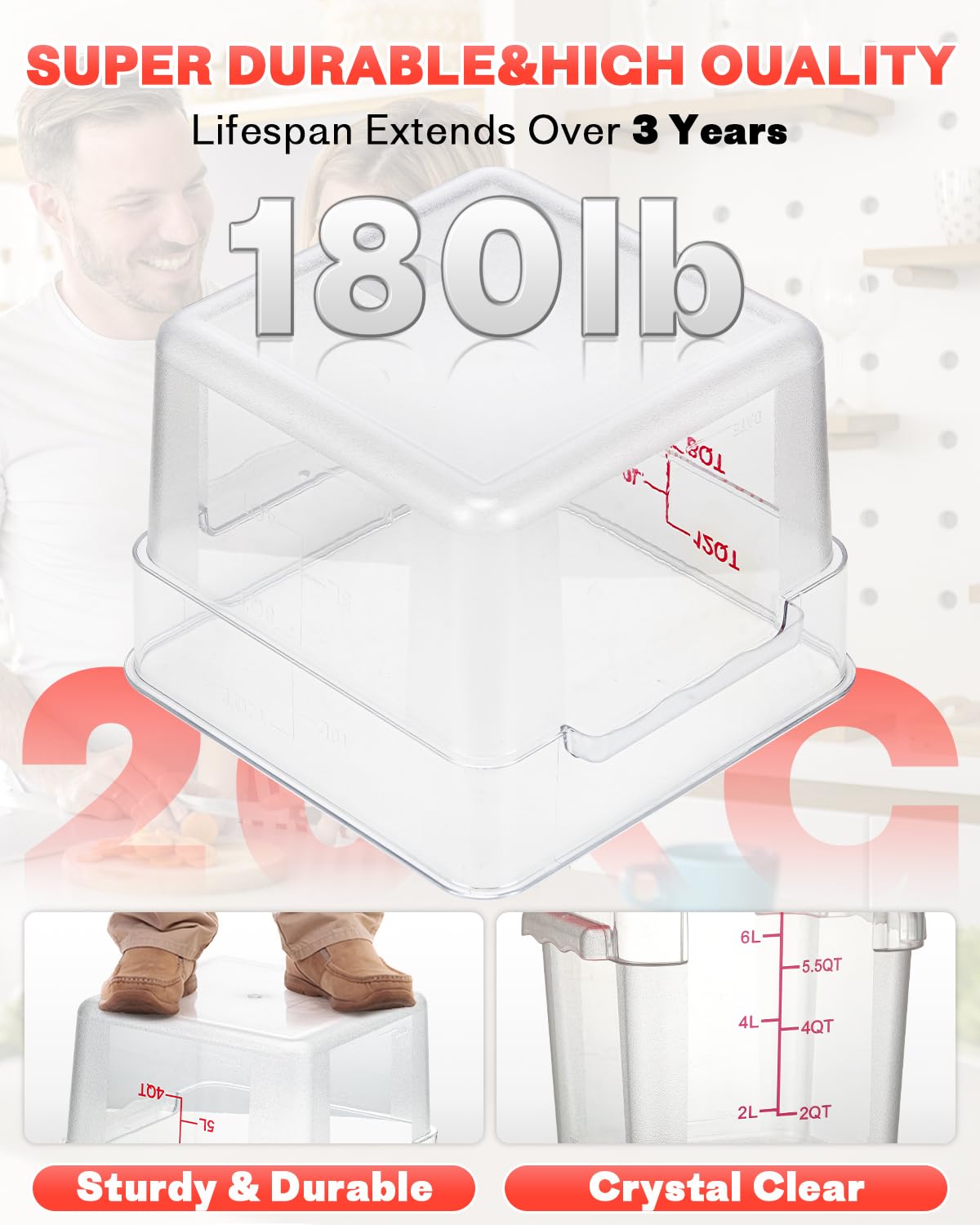 2QT4QT NSF Food Storage Containers: 8 PCS [Food Grade][Hot&Cold Resistant] Commercial Clear Square Food Storage Containers with Scales Handles for Home Restaurant Kitchen Proof Dough(BPA FREE-GREEN)