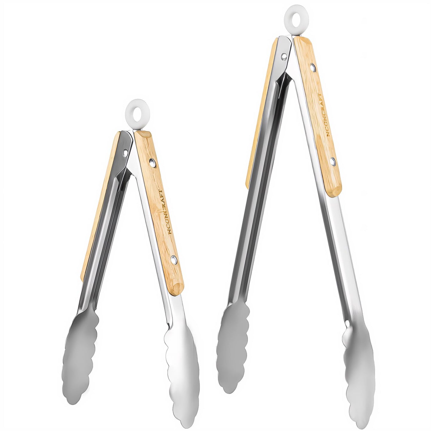 Stainless Steel Kitchen Tongs with Oak Wood Handle - Heat Resistant, Heavy Duty Locking Tongs for Cooking, BBQ, Salad, and Serving - Set of 2 (9" and 12") - Dishwasher Safe, Food Grade, No Rubber