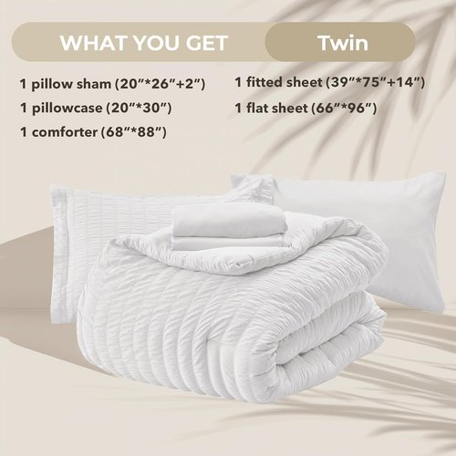 HYMOKEGE Twin Comforter Set - 5-Piece Seersucker Luxury Bedding Set for All Seasons | White