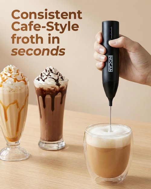 INDCAN Rechargeable Milk Frother - Electric Foam Maker with Dual Stainless Steel Whisk | Perfect for Coffee & Lattes (Pro, Black)