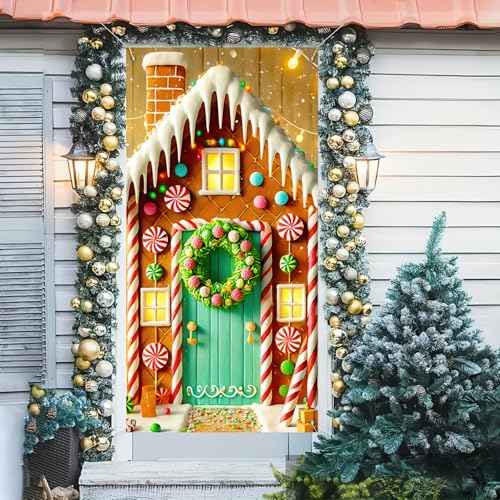 Christmas Door Cover Christmas Gingerbread House Hanging Banner Candy Gingerman Backdrop Front Door Porch Sign Photography Background Winter Xmas New Year 35x71 £¨Banner, Not a Real Wreath£©