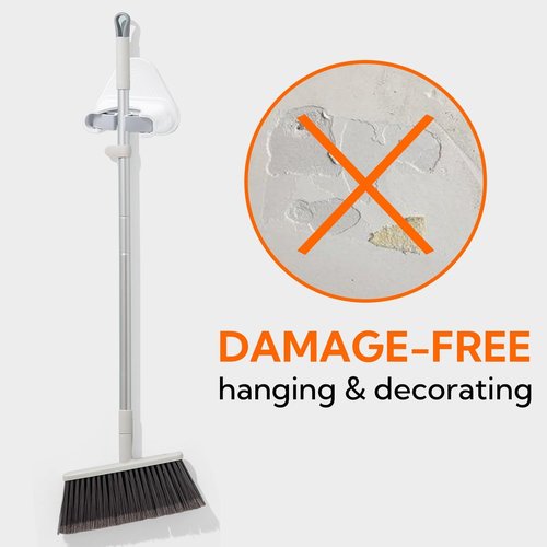 Hookay Broom and Mop Grippers - Damage-Free Wall Hooks with 4 Hangers & 12 Adhesive Strips | Holds Up to 10 lbs