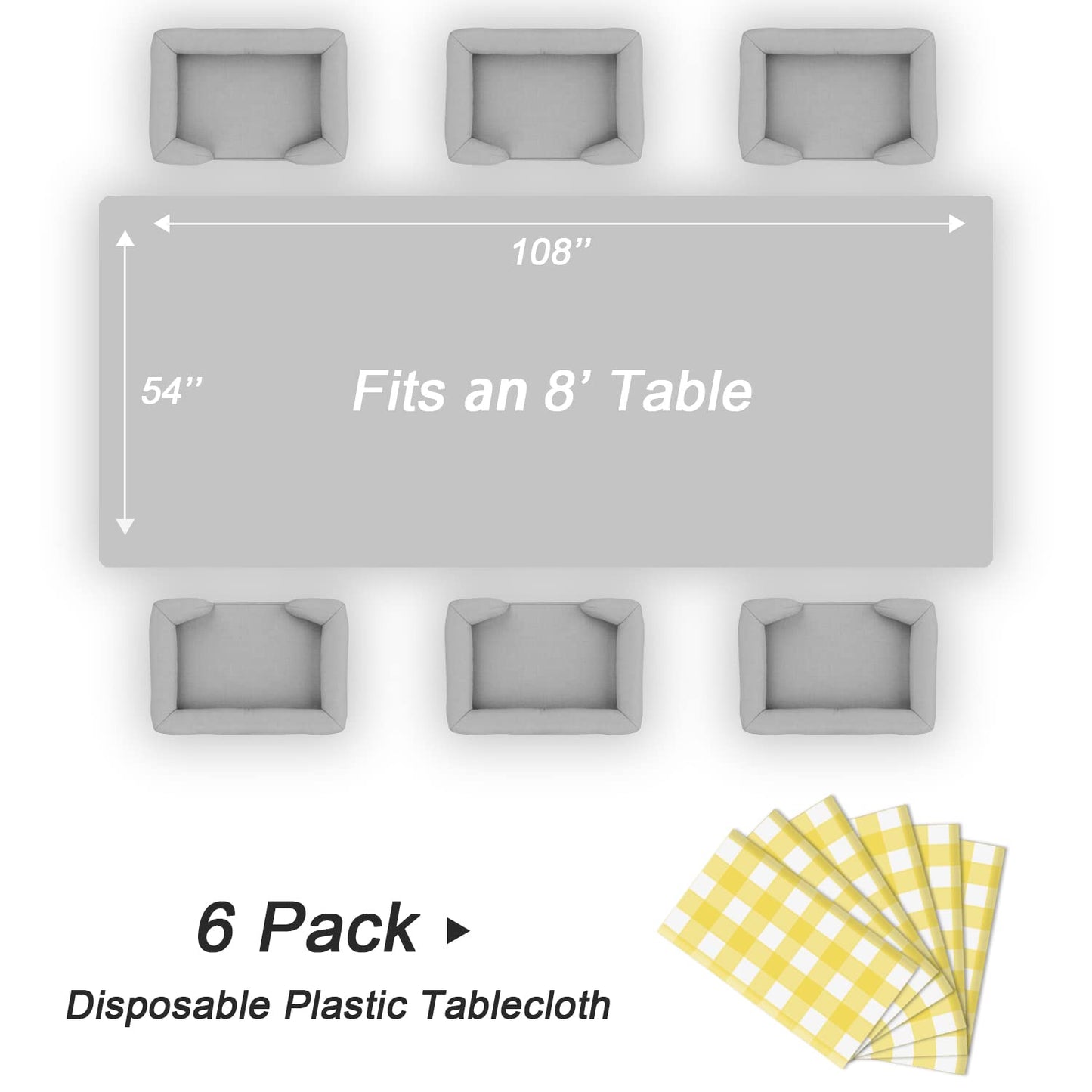QIKSION Yellow Gingham Tablecloth Disposable 6 Pack, 54 x 108 Inch Yellow and White Checkered Table Cloth for Easter Decorations, Birthday Party Supplies, Rectangle, Plastic Table Cover