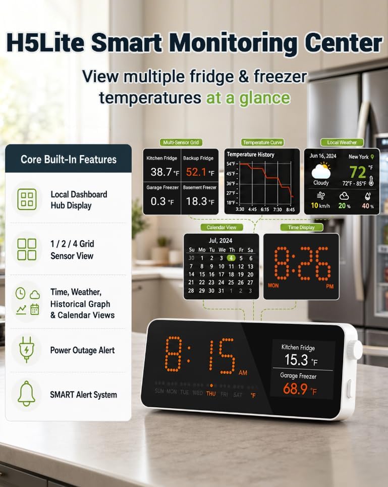 MOCREO WiFi Freezer Thermometer with H5 Lite Hub & 2 Sensors, App & Local Display Alerts