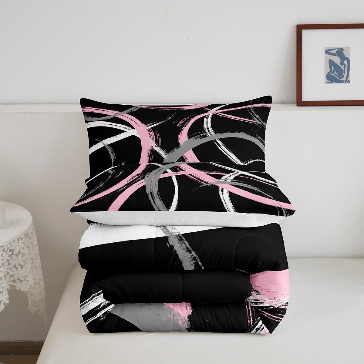 Feelyou Kids Pink Black White Geometric Comforter Set Queen Size Stripes Bedding Set for Boys Girls Teens Bedroom Decor Abstract Comforter Women Men Modern Duvet Set with 2 Pillow Case