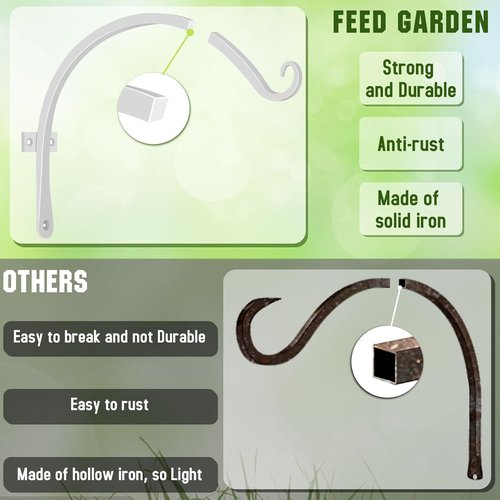 Feed Garden 12-Inch Decorative Hanging Plant Brackets - 2 Pack Wall Hooks for Outdoor Use | White