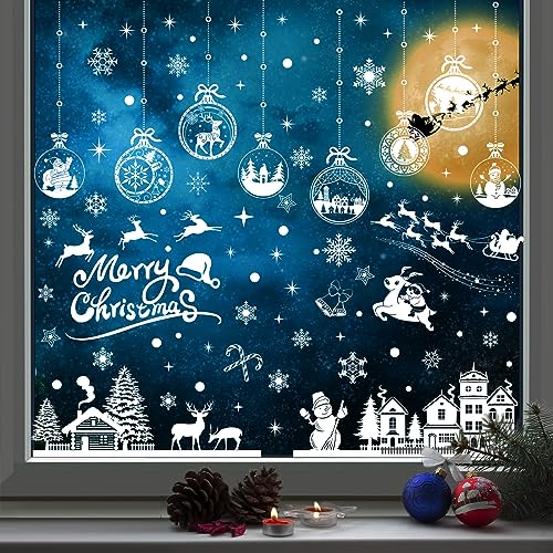 Enwokran Christmas Window White Stickers, 10 Sheet 245pcs Xmas Window Clings Decals Reusable Double Sided Printed Self Adhesive Window Decoration for Xmas Holiday Winter Party
