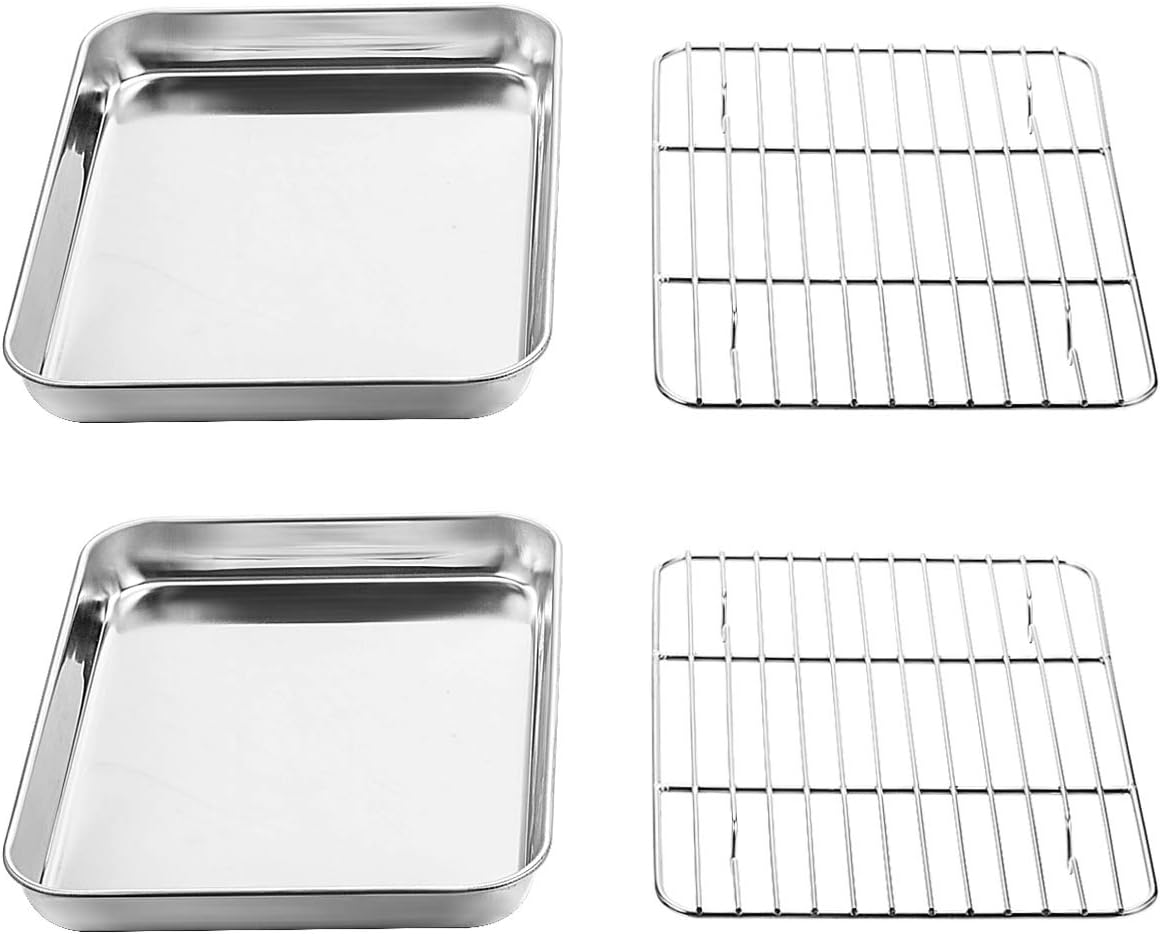 Wildone Baking Sheet Set - Stainless Steel Cookie Pan with Cooling Racks | 2 Sheets + 2 Racks, 9 x 7 x 1 Inch, Non-Toxic & Easy to Clean