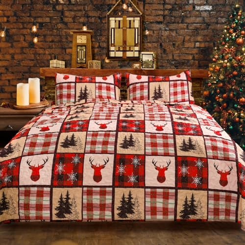 ROMROL Christmas Quilt Set Queen Size Red Bedding with Reindeer & Snowflake Pattern - Elk Variant