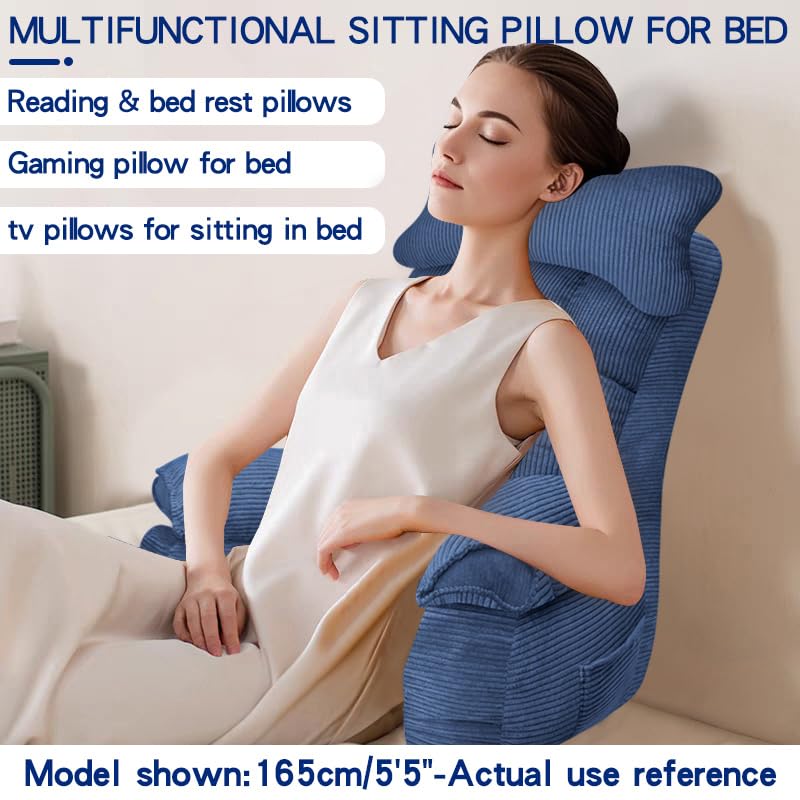 Large Blue Reading Pillow for Bed Support with Arms - Adult Bed Backrest for Sitting Up, Gaming, TV