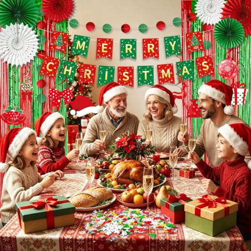 Christmas Banner Decorations Pack with Garlands & Foil Curtains - Holiday Party Supplies