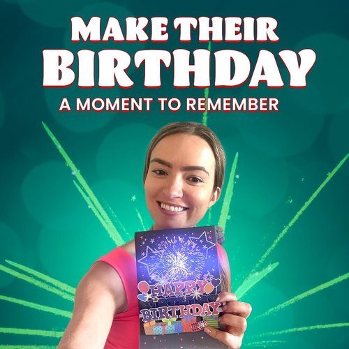 100 GREETINGS Fireworks Pop Up Happy Birthday Card - Singing Celebration Card with Light Show & Music, Unique Musical BDay Message for Women, Men, Mom, Grandma & Grandpa (1 LED)