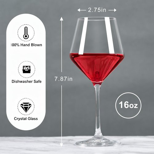 FrutPunch Hand-Blown Crystal Wine Glasses Set of 4, 16OZ, Long Stem Glasses for Red and White Wine, Christmas and Wedding Gifts (4)