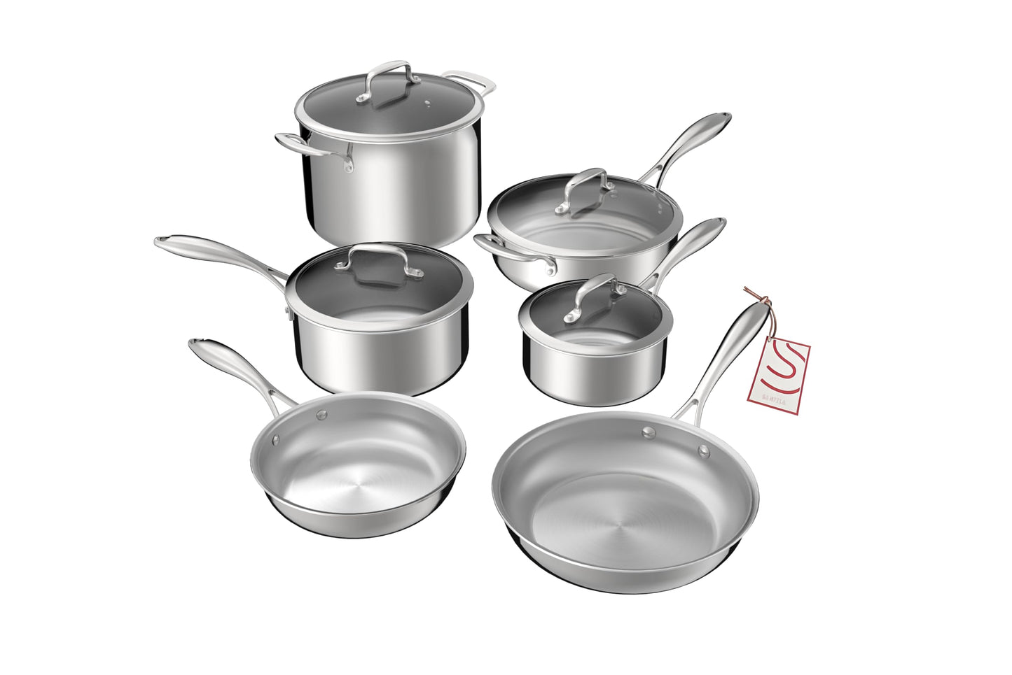 SANFELA Cookware, 10 Piece Stainless Steel Pot and Pan Set, 5 Ply Clad, Includes Frying Pans, Saucepans, Saute Pan and Stock Pot, Compatible with All Cooktops, PTFE, PFAS and PFOA Free