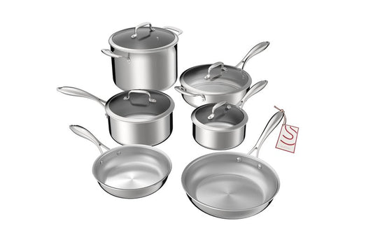 SANFELA Cookware, 10 Piece Stainless Steel Pot and Pan Set, 5 Ply Clad, Includes Frying Pans, Saucepans, Saute Pan and Stock Pot, Compatible with All Cooktops, PTFE, PFAS and PFOA Free