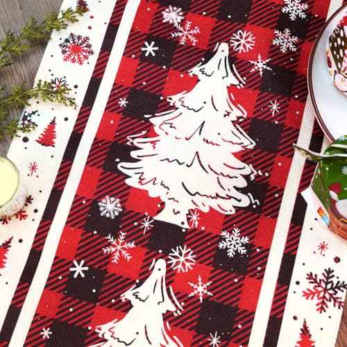 Buffalo Plaid Christmas Tree Christmas Table Runner, Red Winter Holiday Kitchen Dining Christmas Table Decoration for Indoor Outdoor Home Party Decor 13x72 Inch (Christmas Tree)