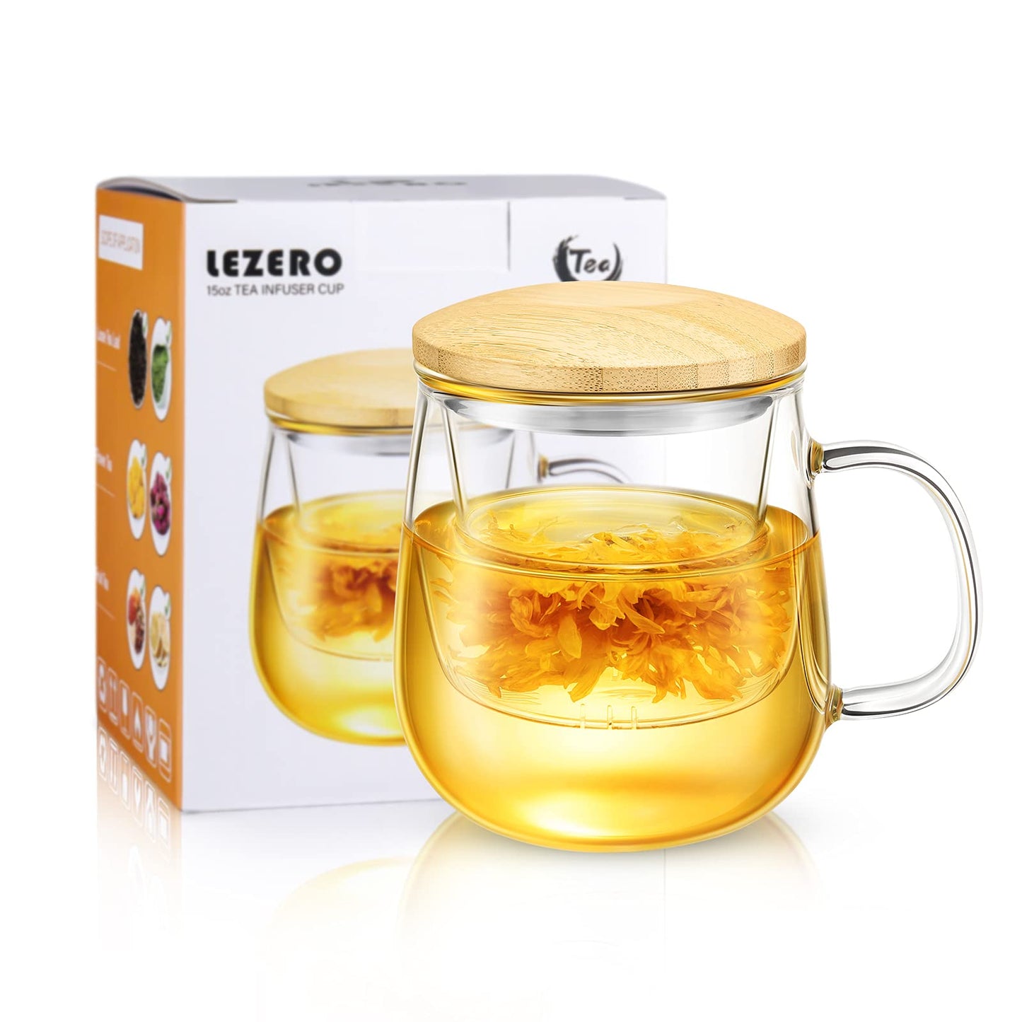 Lezero 15oz Tea Infuser Cups with Strainer and Lid, Glass Filter Mugs Brewing Kit for Loose Leaf-Tea & Blooming, Heat Resistance, Lead-free, Microwave & Dishwasher Safe