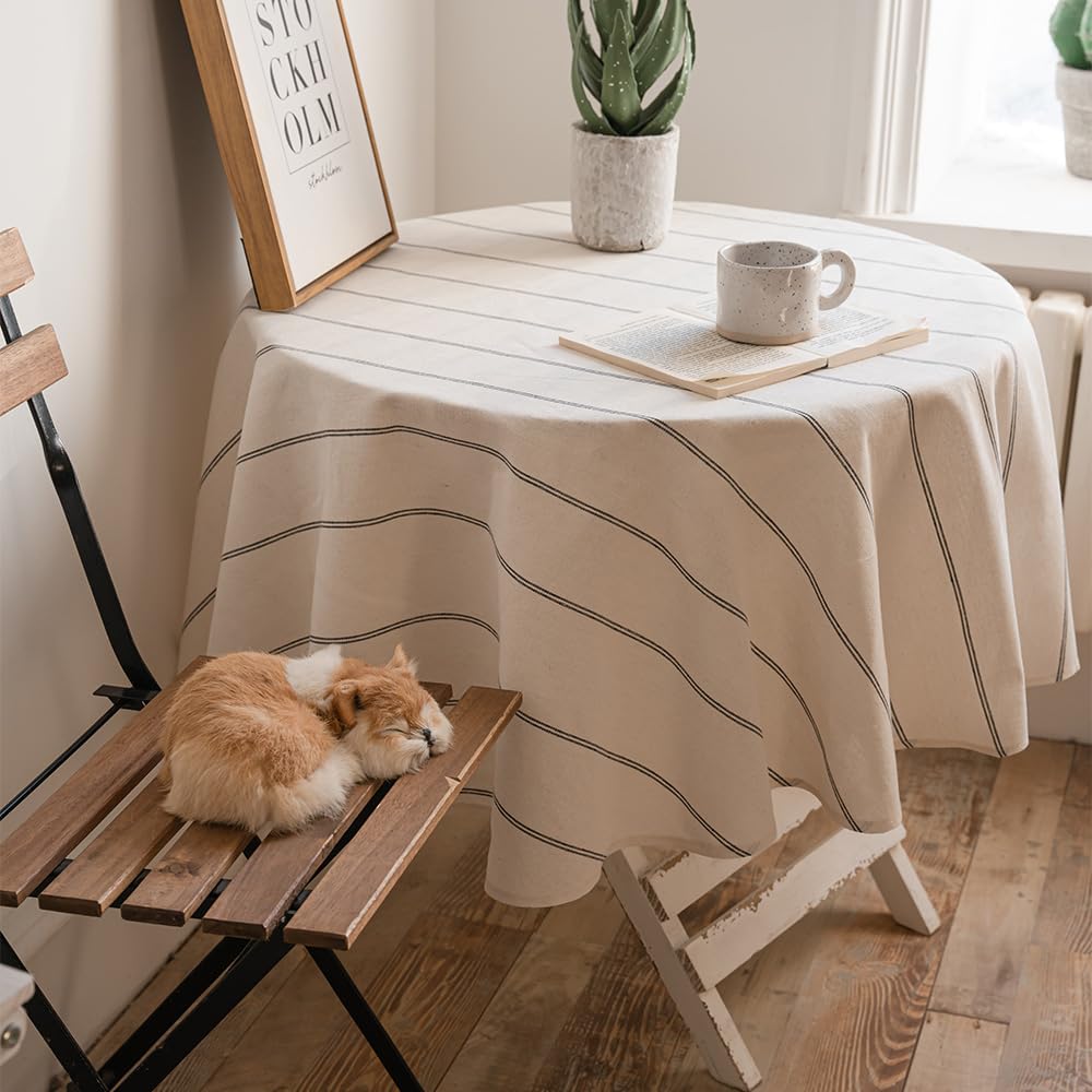 ArtBud Cotton Linen Table Cloths Boho Farmhouse Heavy Fabric Table Cover Burlap Striped Washable Table Top for Parties Coffee Kitchen Picnic Round, 60"(4-6 Seats)