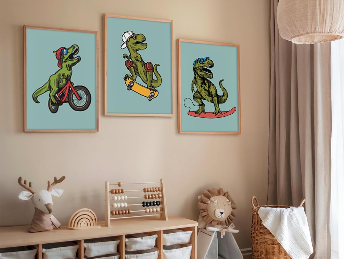 Skiennix Funny Dinosaur Nursery Canvas Wall Art - Surfing & Skateboarding Design | Perfect for Boys' Room Decor