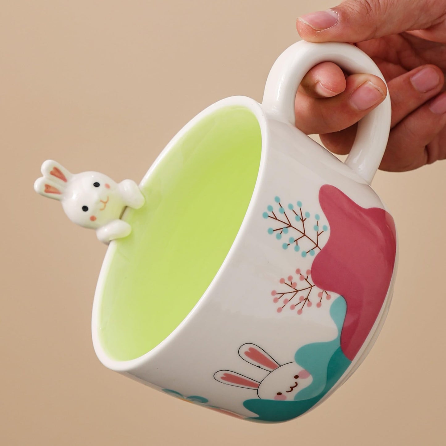 lpylxingyan 10oz Cute 3D Animal Coffee Mugs: Funny Handmade Ceramics Cups with Rabbit, Cow, Sloth, Fox, Lion for Kids Gift. (rabbit for easter day)