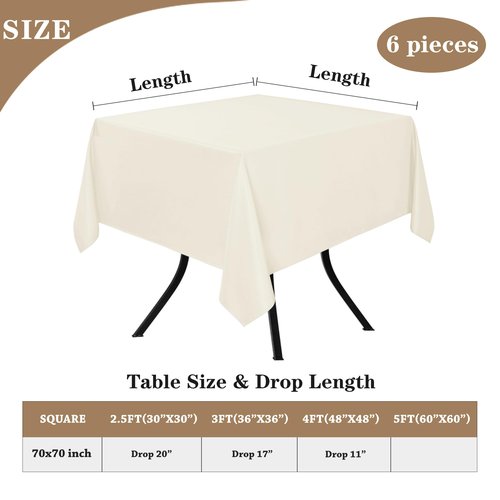 Fitable 6 Pack Square Tablecloths - 70 x 70 Inches - Stain Resistant and Reusable Table Clothes, Ivory Polyester Fabric Table Covers for Dining, Card Tables, Coffee Tables