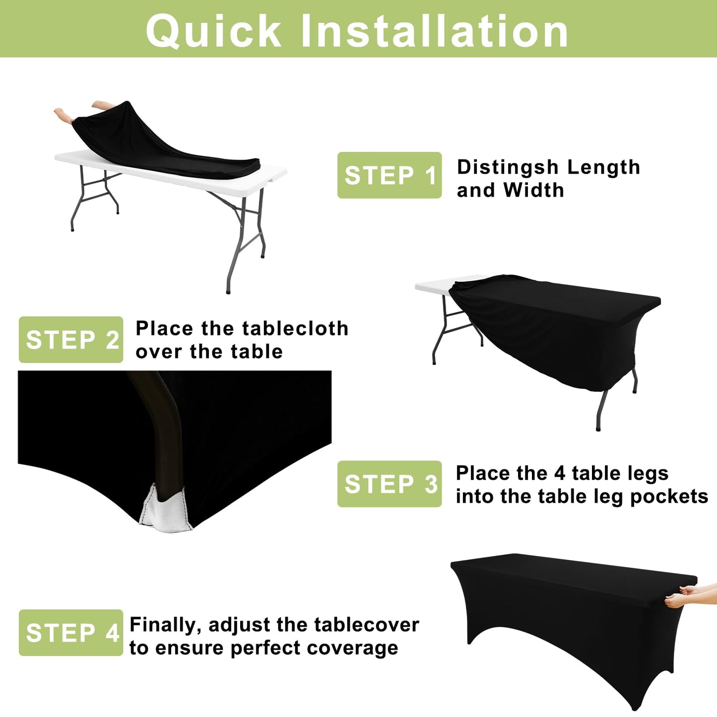 Moosfor Spandex Elastic Fitted 6FT Rectangle Tablecloth, Stretch Washable Reusable Table Cover for Outdoor Picnic, Camping, Dining, Wedding, Banquet & Party Events (Black, 72Lx30Wx30H Inch)
