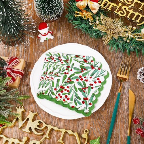 100Pcs Christmas Holly Berry Cocktail Napkins - Disposable Holiday Party Decor