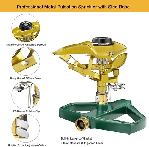 FANHAO Heavy Duty Lawn Sprinkler - 360° Adjustable Metal Impulse Sprinkler for 5800 sq. ft Coverage