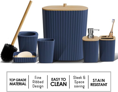 Clara Clark Bathroom Accessories Set - 6PC Navy Blue Set with Toilet Brush, Trash Can & Soap Dispenser