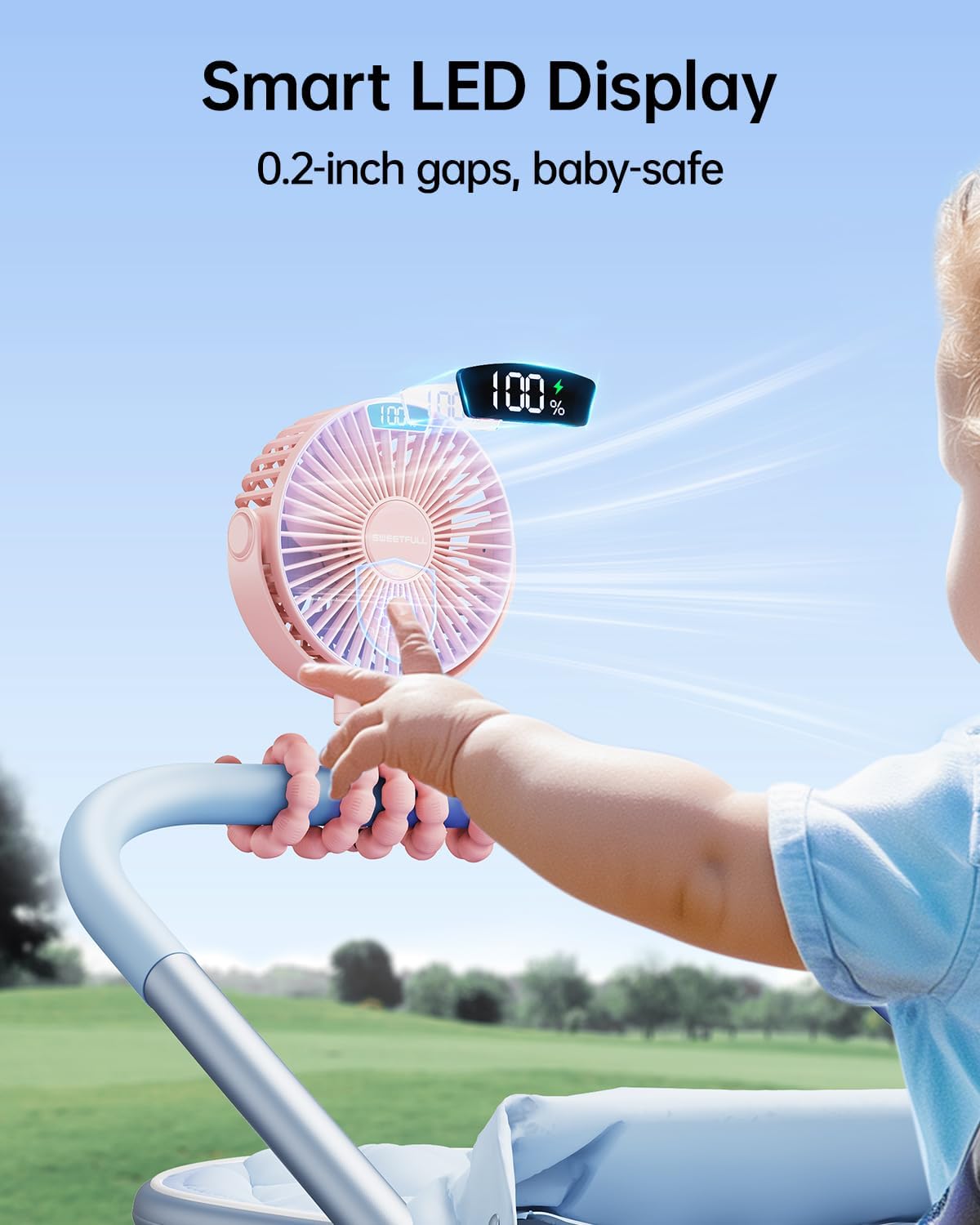 Sweetfull Portable Stroller Fan - 4-Speed Rechargeable Mini Clip-On Fan with LED Display | Pink