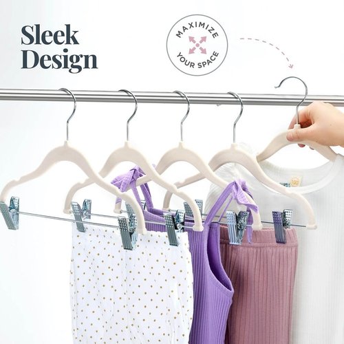 Home-it Non-Slip Velvet Baby Clothes Hangers with Clips | 12 Pack - Heavy-Duty Ivory Skirt & Pants Hangers