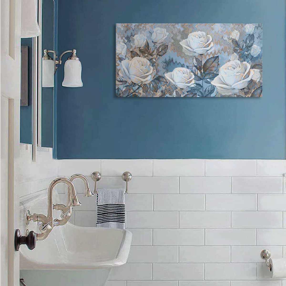 YIKG Living Room Rose Flower Wall Art Blue and White Floral Pictures on Canvas Prints for Home Walls Decor 48x24