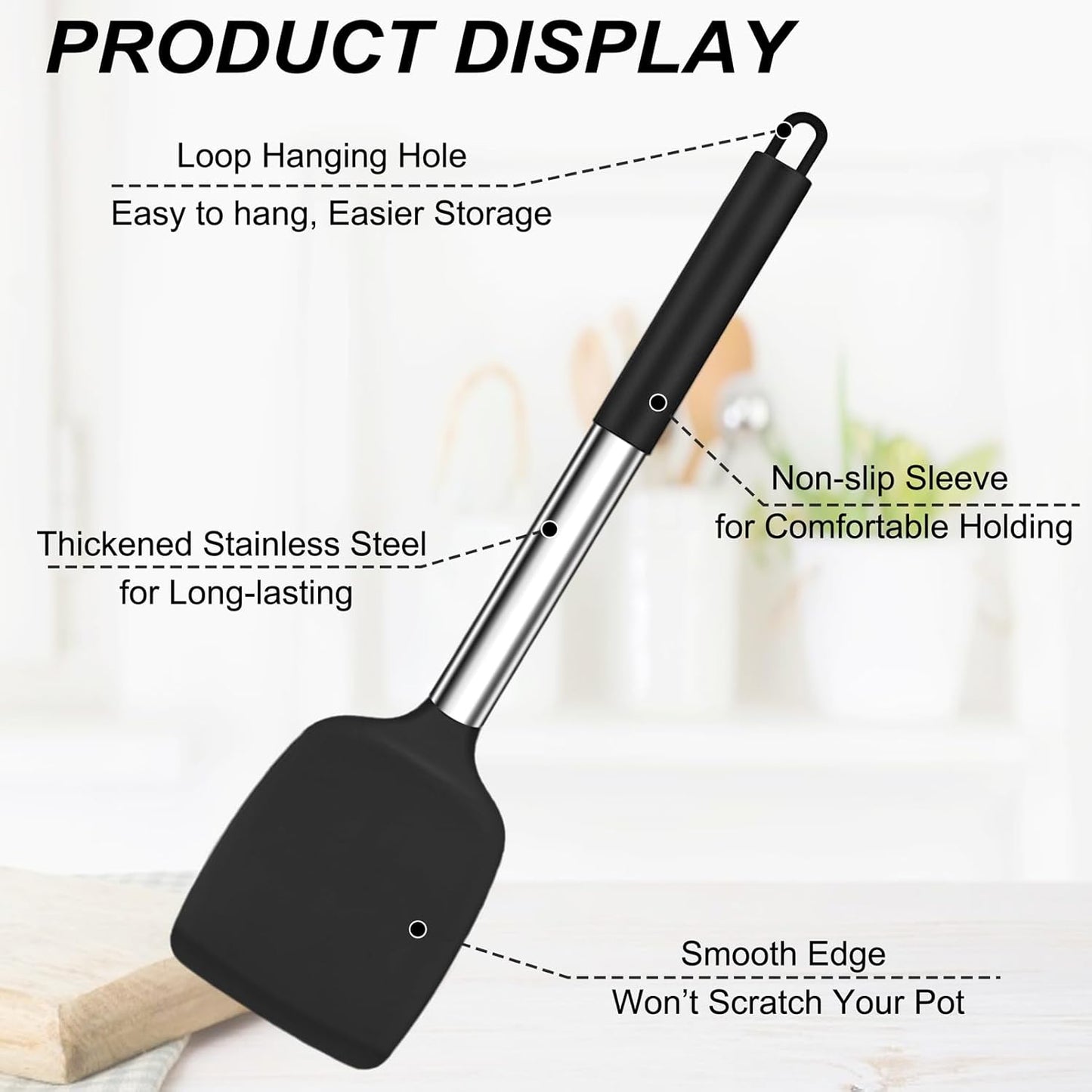 TeamFar Silicone Cooking Utensils Set - 4 PCS Heat-Proof Non-Stick Spatula & Spoon Set with Stainless Steel Handle - Black