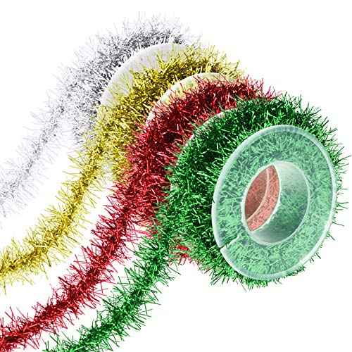 Tongcloud 4 Rolls Christmas Tinsel Ribbon Metallic Wire Garland Tinsel Wire Garland Metallic Glitter Ribbon for Christmas Wedding Birthday Party