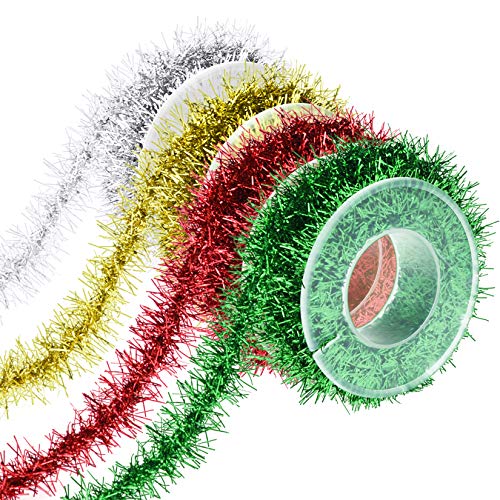 Tongcloud Metallic Tinsel Ribbon Set - 4 Rolls 9.8ft Christmas Garland in Gold, Red, Green, Silver