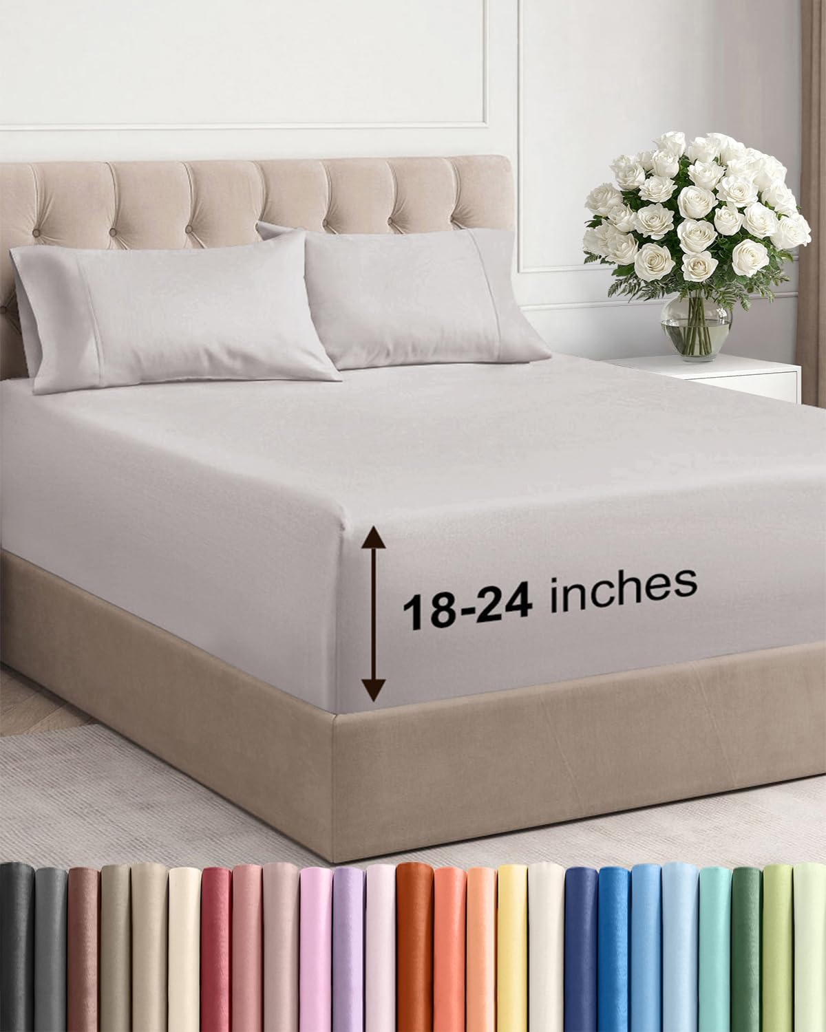 Skiennix Extra Deep Twin Sheet Set - 4-Piece Breathable Cooling Bedding - Soft, Wrinkle-Free Light Grey