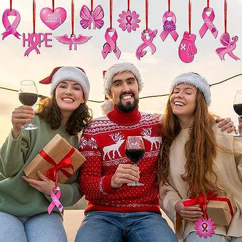 12 Pcs Christmas Hanging Ornaments for Tree Pink Ribbon Breast Cancer Awareness Sign Double Sided Wooden Pendants Christmas Ornaments for Xmas Tree Party Decor