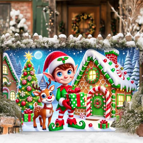 Merry Christmas Banner 71 x 43 in - Reindeer Elf Village Backdrop for Holiday Decor