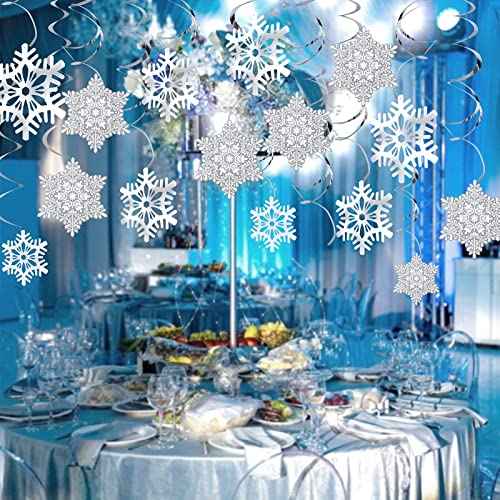 Ouddy Life 51 Pcs Christmas Snowflake Swirl Hanging Decorations, White Silver Snowflake Ornaments Decorations for Christmas New Year Holiday Winter Wonderland Frozen Theme Birthday Party Decorations